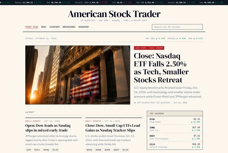 American Stock Trader website homepage with market news