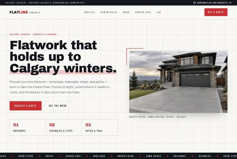 Flatline Concrete website homepage showing a Calgary driveway
